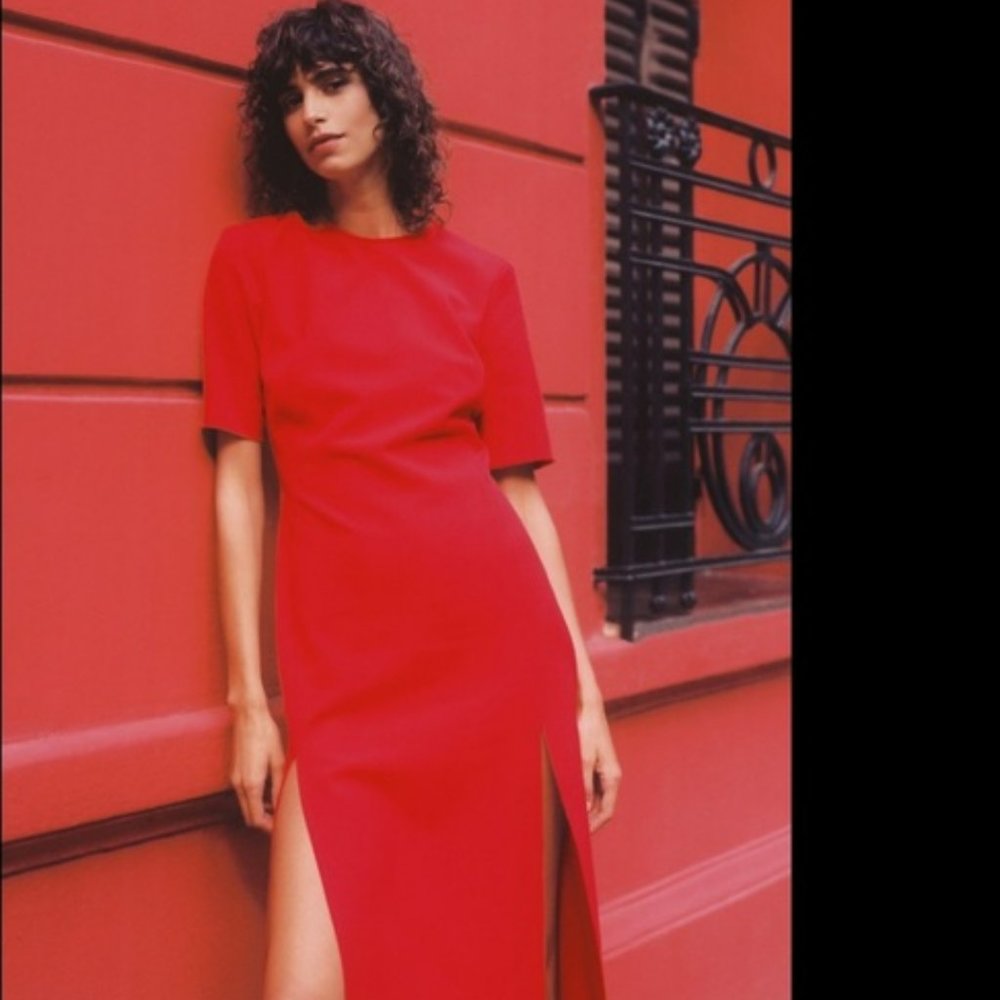 Zara Red Midi Dress with Round Neck and Double Slits